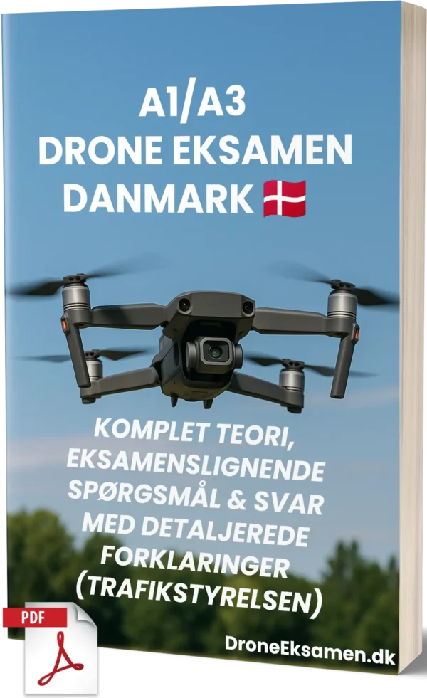 Droneeksamen A1/A3 Danmark – Komplet teori, 500+ eksamenslignende spørgsmål og svar med detaljerede forklaringer