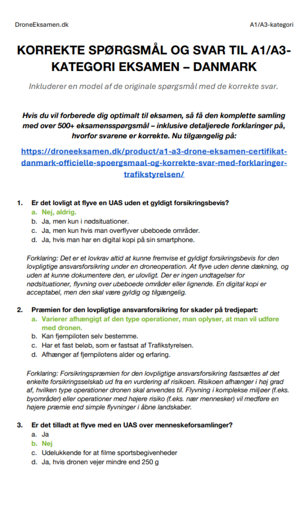 A1/A3 Drone Eksamen Certifikat Danmark – Officielle spørgsmål og korrekte svar med forklaringer (Trafikstyrelsen) - Billede 2