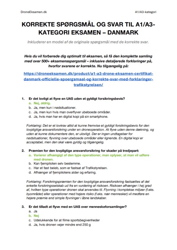 A1/A3 Drone Eksamen Certifikat Danmark – Officielle spørgsmål og korrekte svar med forklaringer (Trafikstyrelsen)