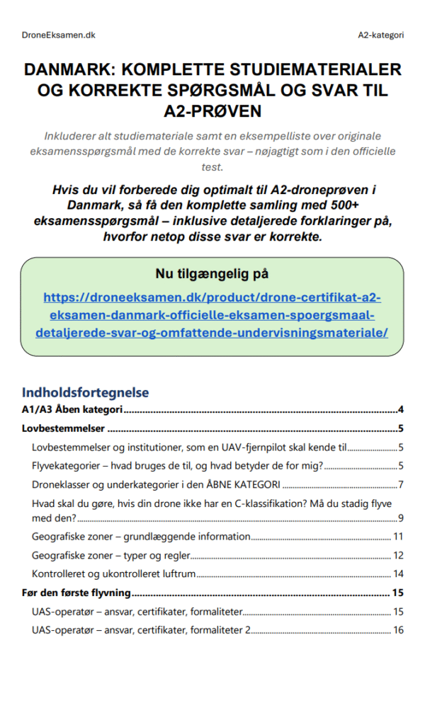 Drone Certifikat A2 Eksamen Danmark – Officielle Eksamen Spørgsmål, Detaljerede Svar og Omfattende Undervisningsmateriale - Billede 2