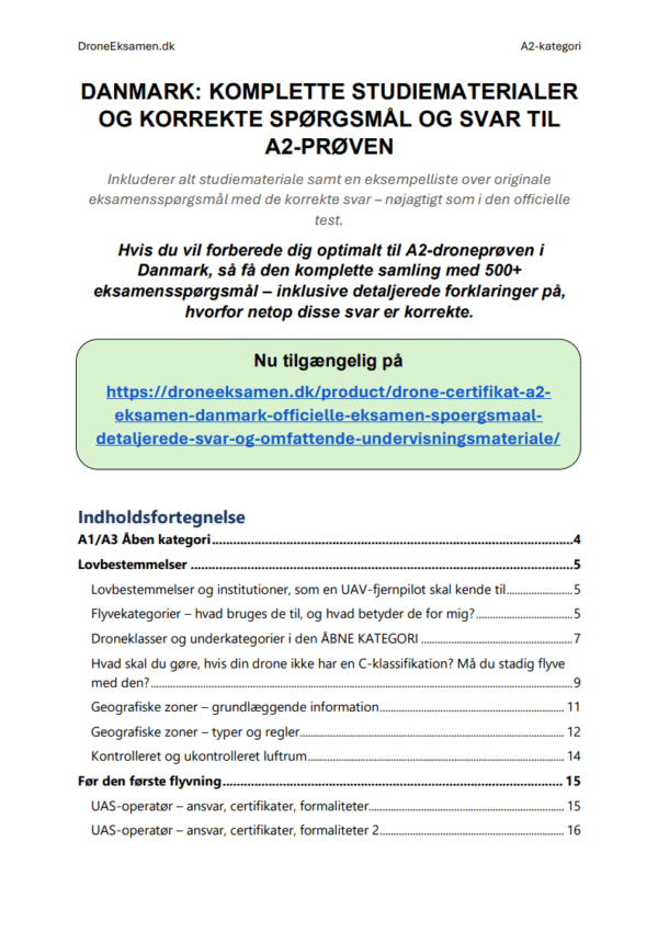 Drone Certifikat A2 Eksamen Danmark – Officielle Eksamen Spørgsmål, Detaljerede Svar og Omfattende Undervisningsmateriale - Billede 2