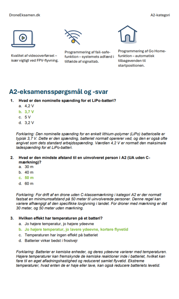 Drone Certifikat A2 Eksamen Danmark – Officielle Eksamen Spørgsmål, Detaljerede Svar og Omfattende Undervisningsmateriale - Billede 5