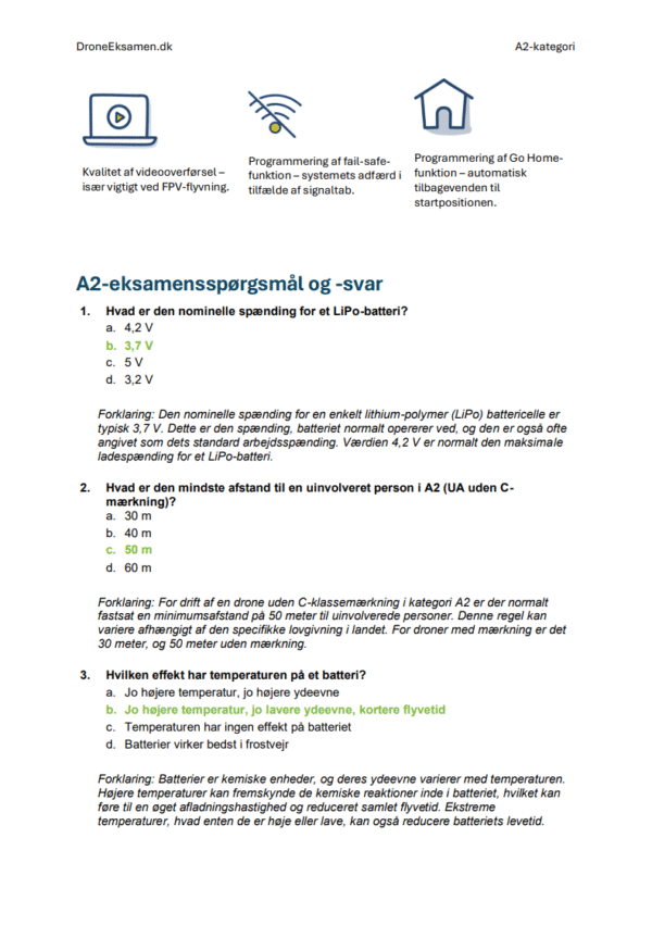 Drone Certifikat A2 Eksamen Danmark – Officielle Eksamen Spørgsmål, Detaljerede Svar og Omfattende Undervisningsmateriale - Billede 5